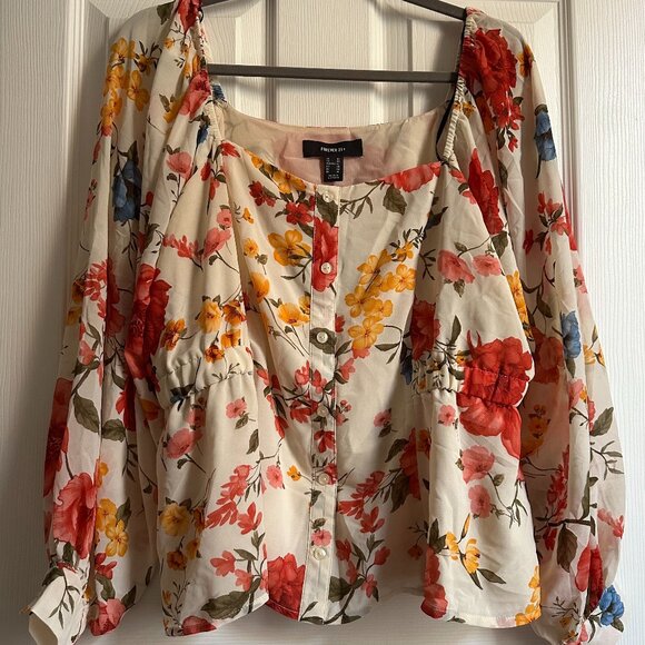 Forever 21 Plus Women's 0X Long Sleeve Button Up Floral Peplum Blouse NWOT - Picture 1 of 9